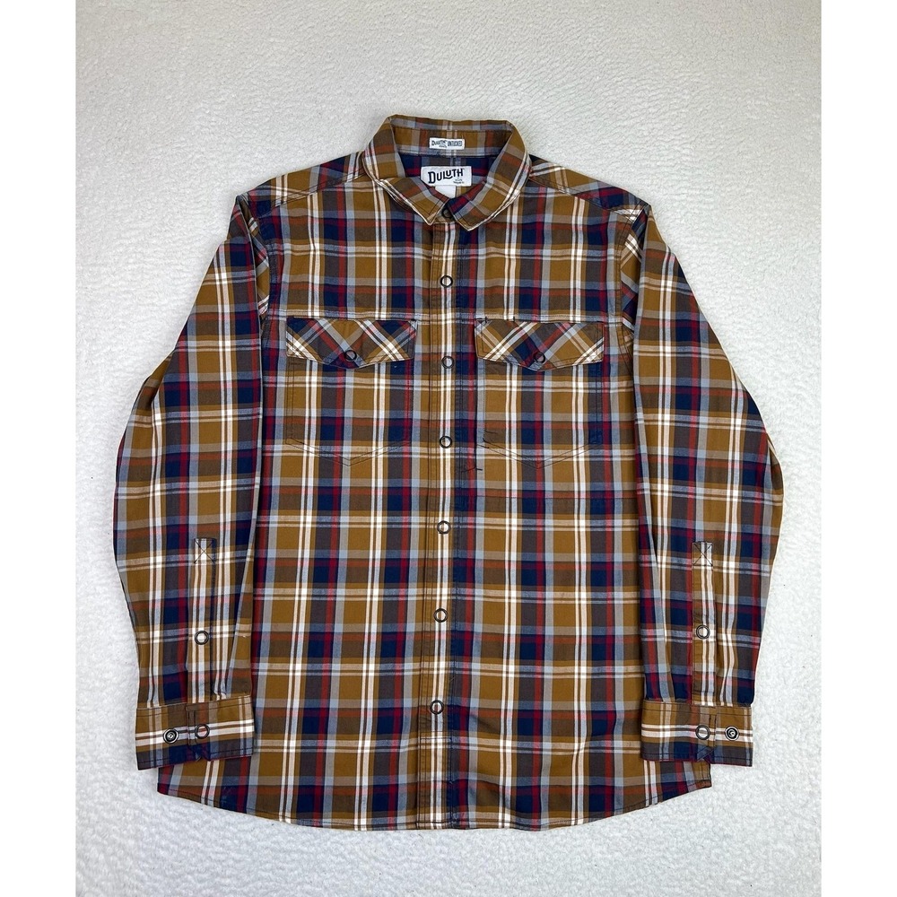 Duluth‎ Trading Co Shirt Mens Large Brown Plaid Stretch LS Snap Up Untucked